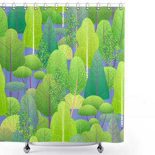 Personality  Seamless Pattern With Colorful Forest Trees And Bushes On Blue Background. Endless Texture With Simple Elements Of Plants.  Spring Foliage Vector Flat Illustration.  Shower Curtains