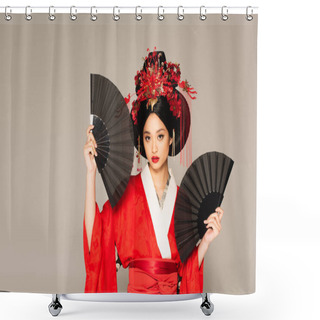 Personality  Asian Woman In Kimono Holding Black Fans Isolated On Grey  Shower Curtains