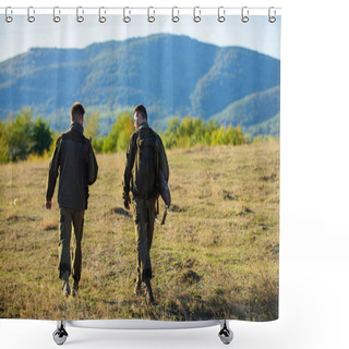 Personality  Hunters Rifles Nature Environment. Hunter Friend Enjoy Leisure. Hunting With Partner Provide Greater Measure Safety Often Fun And Rewarding. Hunters Friends Gamekeepers Walk Mountains Background Shower Curtains