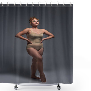 Personality  Full Length Of Young Plus Size Model With Curvy Body In Beige Underwear On Dark Grey Backdrop Shower Curtains