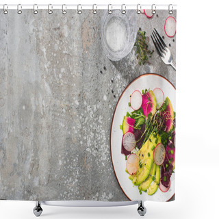 Personality  Top View Of Fresh Radish Salad With Greens And Avocado Near Fork And Water On Grey Concrete Surface Shower Curtains