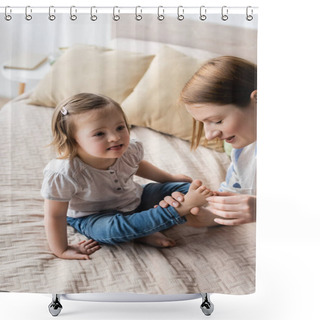 Personality  Smiling Mother Touching Feet Of Baby Daughter With Down Syndrome In Bedroom  Shower Curtains