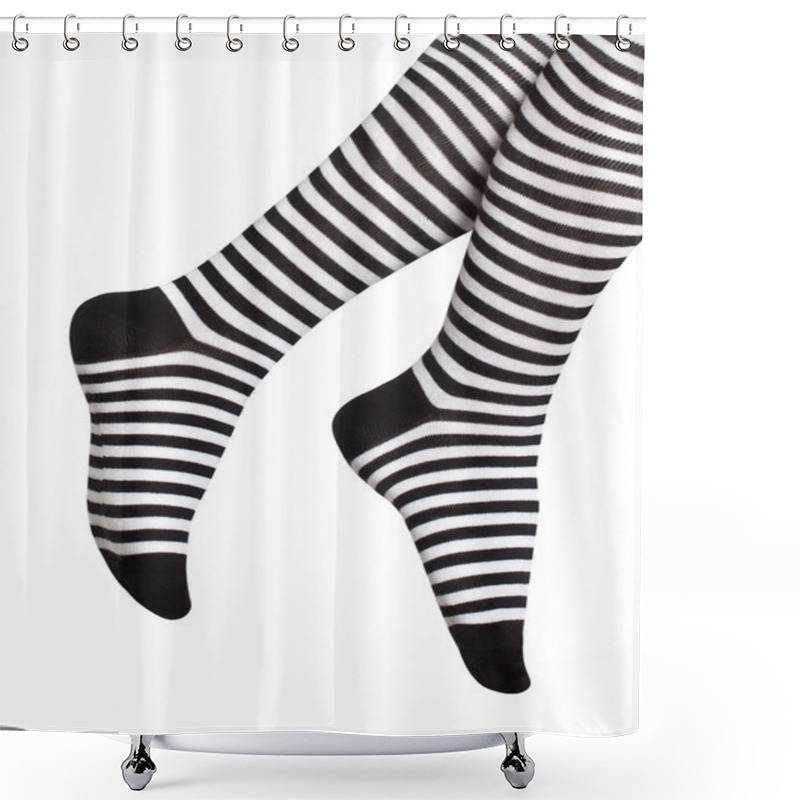 Personality  Feet In Black-and-white Striped Socks Isolated On White Background Shower Curtains