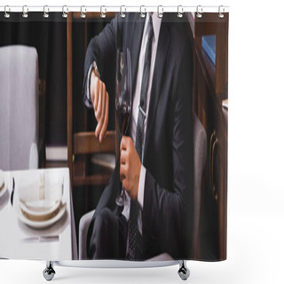 Personality  Website Header Of Man In Suit Holding Glass Of Wine And Checking Time In Restaurant  Shower Curtains