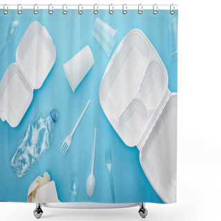 Personality  Top View Of Plastic And Cardboard Rubbish On Blue Background Shower Curtains