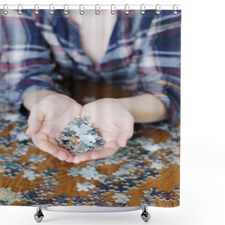 Personality  Pieces Of Puzzle In Hands Shower Curtains