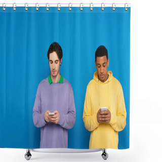 Personality  Interracial Friends Staring At Smartphones Isolated On Blue Shower Curtains