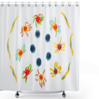 Personality  Top View Of Colorful Gummy Spiders And Worms Isolated On White, Halloween Treat Shower Curtains