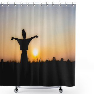 Personality  Silhouette Of Woman At Sunset , Standing Posture , Near Dim Atmosphere Shower Curtains