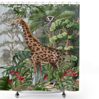 Personality  Jungle Landscape With Wild Giraffe And Monkey For Kids. Vector Shower Curtains