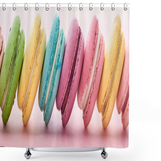 Personality  Row Of Delicious French Macaroons Of Different Flavors On Pink Background, Panoramic Shot Shower Curtains