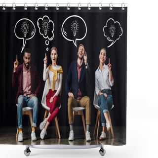 Personality  Multiethnic Group Of People Sitting On Chairs And Showing Idea Gestures With Light Bulbs Icons In Speech And Thought Bubbles Above Heads Isolated On Black Shower Curtains