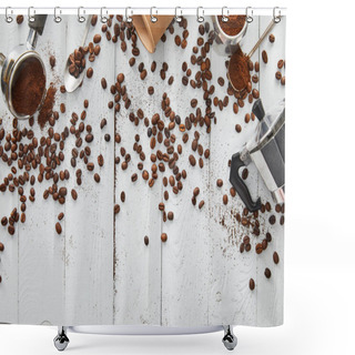 Personality  Top View Of Geyser Coffee Maker, Portafilter, Spoons And Paper Cup On White Wooden Surface With Coffee Beans Shower Curtains