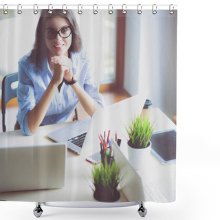 Personality  Young Woman Sitting At Office Table With Laptop Shower Curtains