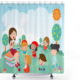 Personality  Teacher Telling A Story To Nursery Children In The Garden, Cute Kids Listening To Their Teacher Tell A Story, Teacher Reading Books For Child In The Kindergarten. Vector Illustration Shower Curtains