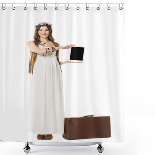 Personality  Full Length View Of Smiling Pregnant Hippie Woman Holding Digital Tablet With Blank Screen Isolated On White Shower Curtains