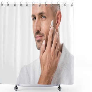 Personality  Adult Handsome Man In Bathrobe Applying Beauty Cream On Face Isolated On White Shower Curtains