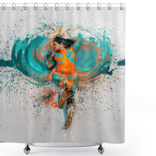 Personality  Top View To Expressive Sexy Naked Woman Lying Elegant On The Floor In Turquoise Blue Orange Color Abstractly Painted Bodypainting Woman On The Splashed Ground, Copy Space Shower Curtains