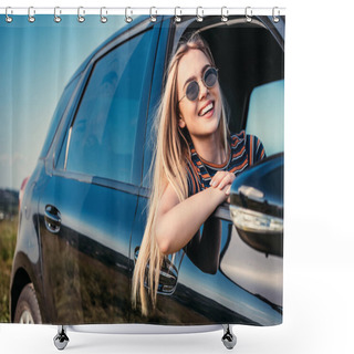 Personality  Happy Stylish Woman In Sunglasses Leaning Out From Car Window  Shower Curtains