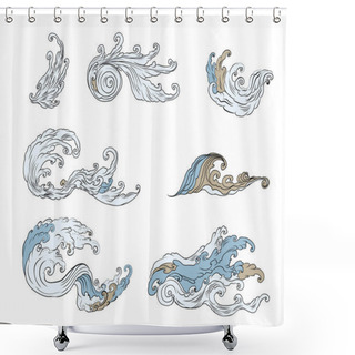 Personality  Line Thai Wave Tattoo.Japanese Wave Vector Set And Thai Style.Outline Japanese Wave Dawn From Line Thai Style.Thai Water Wave Isolate On White Background. Shower Curtains
