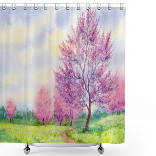 Personality  Watercolor Spring Landscape. Flowering Tree In A Field Shower Curtains