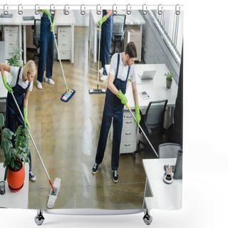 Personality  High Angle View Of Cleaners Washing Floor Near Tables In Office  Shower Curtains