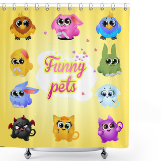 Personality  Funny Pets Icon Set On A Yellow Background Shower Curtains