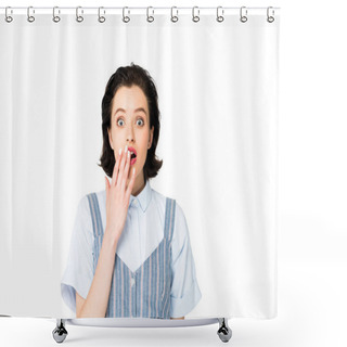 Personality  Shocked Beautiful Girl Opening Eyes Widely And Closing Mouth With Hand Isolated On White Shower Curtains