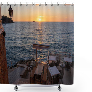 Personality  Sunset In Rovinj Riva With The Adriatic Sea And Stone Stairs And Resaturant Table . Shower Curtains