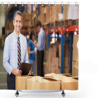 Personality  Manager In Warehouse Checking Boxes Shower Curtains