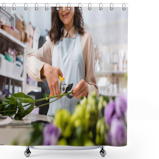 Personality  Partial View Of Cheerful Florist Cutting Steam Near Flowers Of Blurred Foreground Shower Curtains