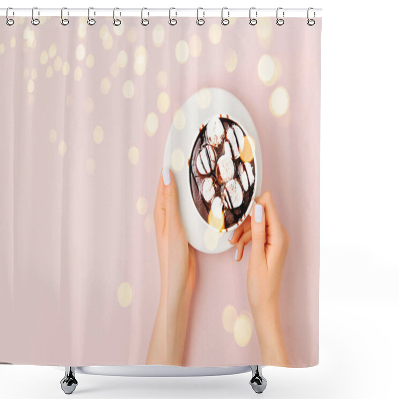 Personality  Woman's hands  holding cup of coffee on pale pink background.   Flat lay, top view shower curtains