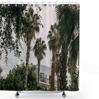 Personality  Green Palm Trees Near Modern House Against Cloudy Sky  Shower Curtains