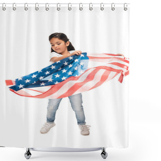 Personality   Latin Kid In Denim Jeans Standing With American Flag Isolated On White  Shower Curtains