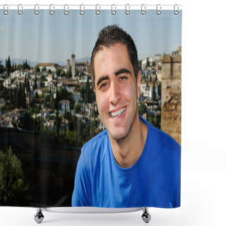 Personality  Attractive Smiling Man Portrait In Urban Background Shower Curtains