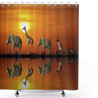 Personality  Animals One Behind The Other With Reflection During Sunset, Illustration Shower Curtains