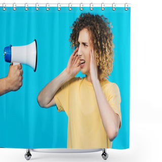 Personality  Cropped View Of Man Holding Loudspeaker Near Curly Teenager Covering Ears Isolated On Blue Shower Curtains