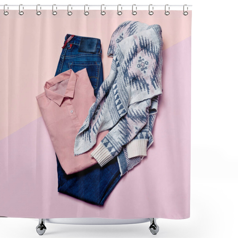 Personality  Stylish clothes set. City casual fashion. Spring. Stylish access shower curtains