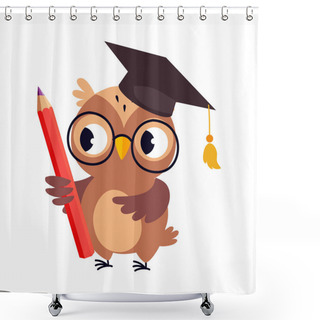 Personality  Wise Brown Owl In Graduation Cap, Cute Bird Teacher Cartoon Character With Pencil Vector Illustration Shower Curtains