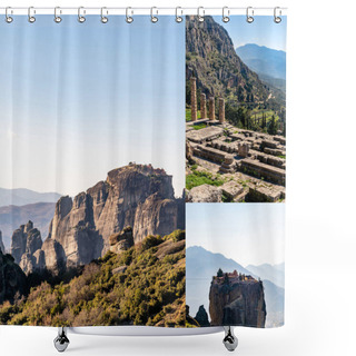 Personality  Collage Of Orthodox Monasteries On Rock Formations Against Blue Sky In Greece Shower Curtains
