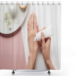Personality  Cropped View Of Woman Applying Cream, Holding Hands Near Plate With Cosmetics And Flowers On White Pink Surface Shower Curtains