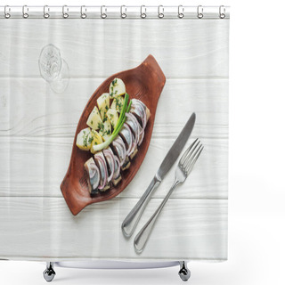 Personality  Top View Of Marinated Herring, Potatoes And Onions In Earthenware Plate With Glass Of Vodka And Cutlery On White Wooden Background Shower Curtains