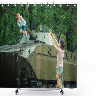 Personality  Mother And Son At Military Vehicle. Shower Curtains