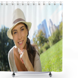 Personality  Trendy Girl With Hat In Central Park Shower Curtains