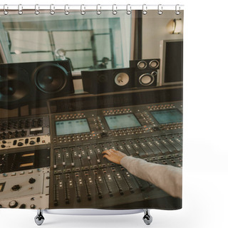 Personality  Cropped Shot Of Sound Producer Working With Graphic Equalizer At Studio Shower Curtains