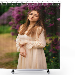 Personality  Beautiful Girl With Long Hair And Vintage White Dress Posing In Lilac Garden. Romantic Model Enjoying The Nature. Shower Curtains