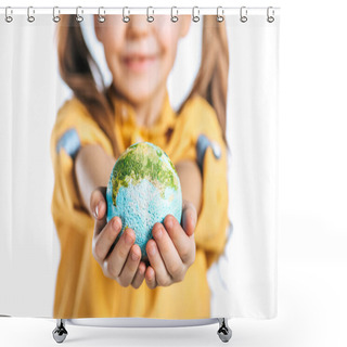 Personality  Selective Focus Of Cute Child Holding Globe Model In Stretched Hands Isolated On White, Earth Day Concept Shower Curtains