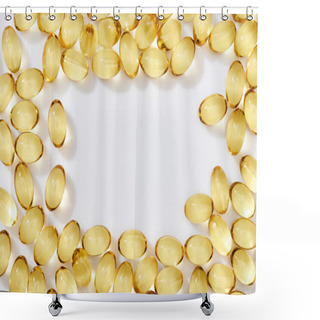 Personality  Top View Of Golden Fish Oil Capsules Arranged In Frame On White Background Shower Curtains