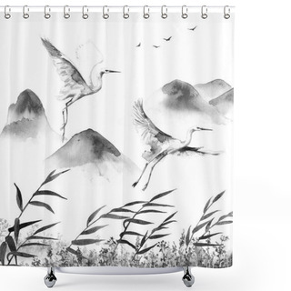 Personality  Mountains Scene With Flying Storks   Shower Curtains
