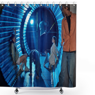Personality  Diverse Group Of Friends Participating Thrilling Quest Room Adventure With Scary Person In Gas Mask Shower Curtains